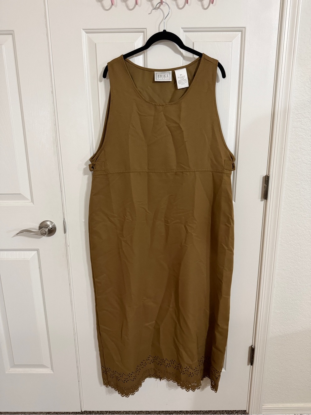 Vintage 90s Erika Studio XL Brown Laser Cut Eyelet Maxi Jumper Dress Pockets